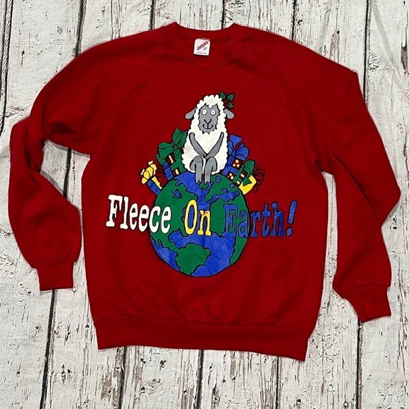 Vintage 80s Fleece on Earth Red Sheep 1980s Pullover Crewneck Sweatshirt - Picture 1 of 4